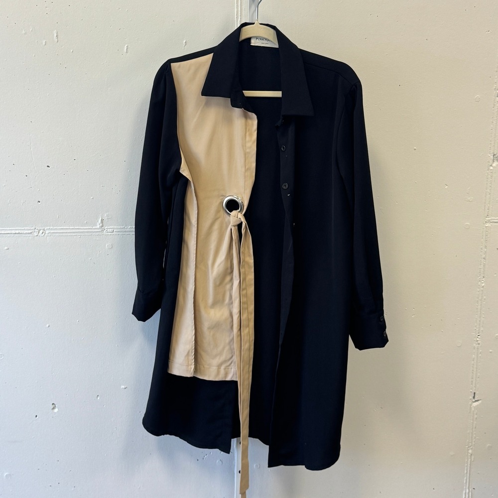 Pinkyotto New York Colorblock Grommet‎ Tie Waist Button Front Shirt Black Tan